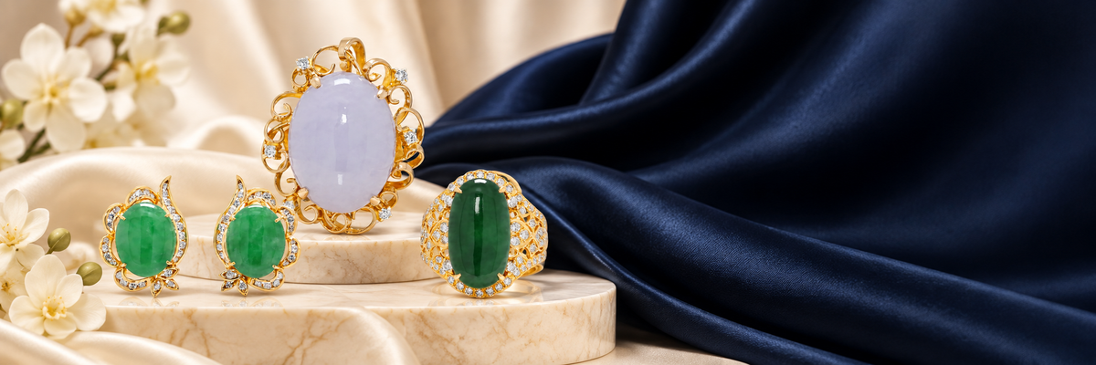 A jewelry set displayed on a light stone slab with draped satin fabric. The set includes a ring with a large oval pale lavender stone, matching oval earrings with green stones, and a smaller green marquise-shaped stone piece, all in ornate gold settings.