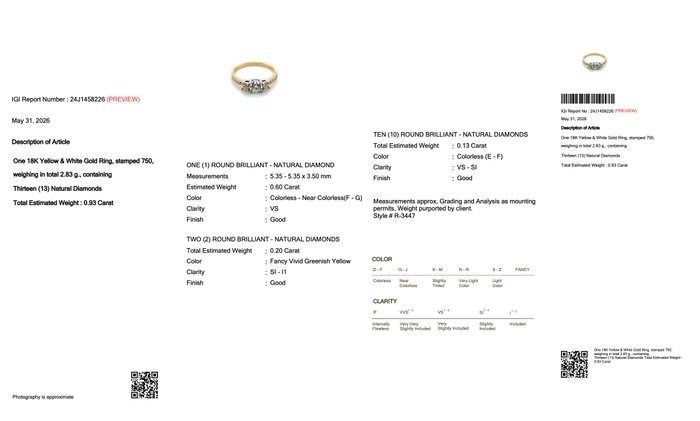 0.93 Carat IGI Certified Natural Diamond 18K Yellow And White Gold 3-Stone Ring