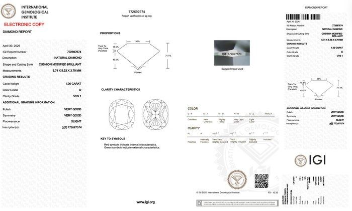 1,00 Karat IGI-zertifizierter natürlicher Diamant, Kissen-modifiziert-Brillant