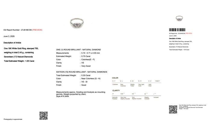 1.05 Carats IGI Certified Natural Diamond 18K White Gold Pave Ring