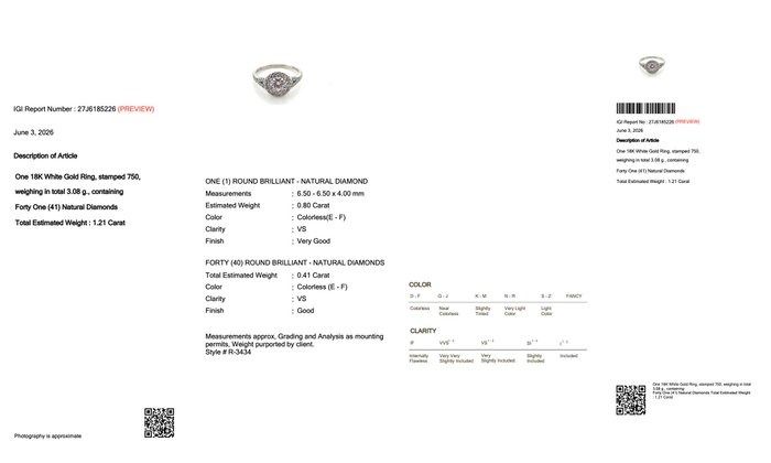 1.21 Carats IGI Certified Natural Diamond 18K White Gold Halo Ring