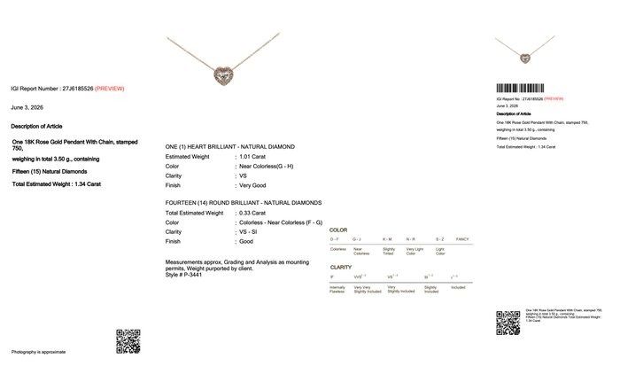 1.34 Carats IGI Certified Natural Diamond 18K Rose Gold Necklace with Heart Halo Pendant