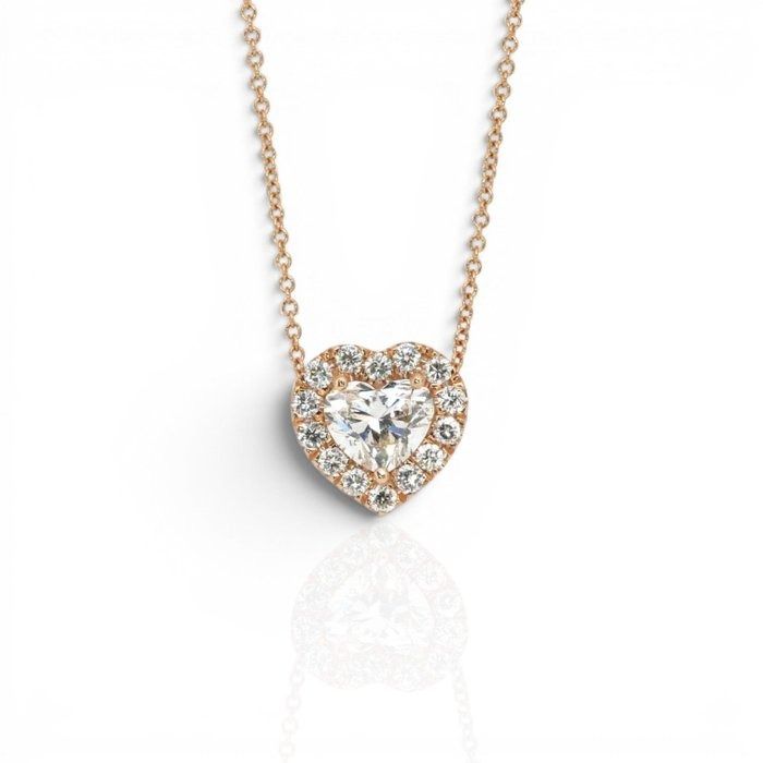 1.34 Carats IGI Certified Natural Diamond 18K Rose Gold Necklace with Heart Halo Pendant