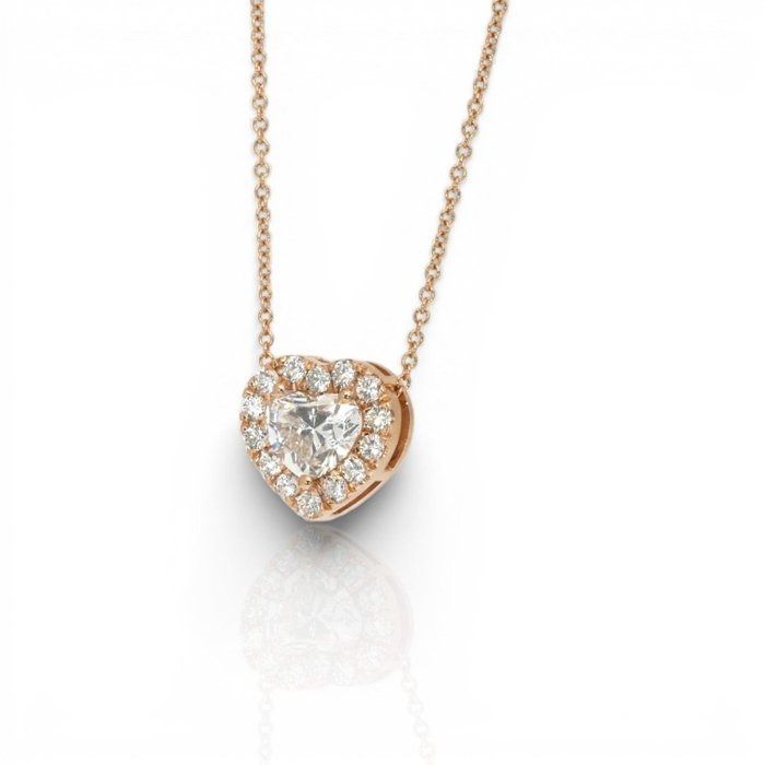1.34 Carats IGI Certified Natural Diamond 18K Rose Gold Necklace with Heart Halo Pendant