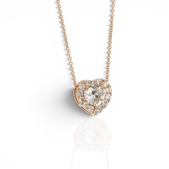 1.34 Carats IGI Certified Natural Diamond 18K Rose Gold Necklace with Heart Halo Pendant
