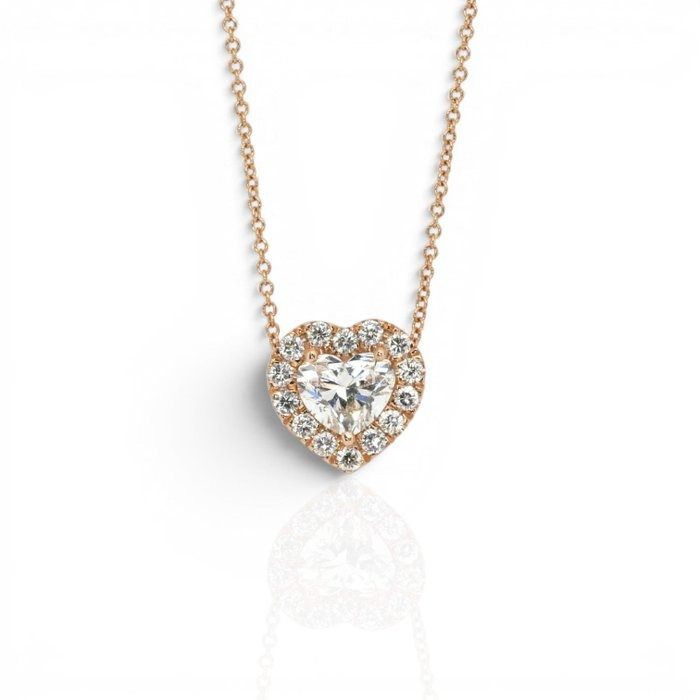 1.34 Carats IGI Certified Natural Diamond 18K Rose Gold Necklace with Heart Halo Pendant