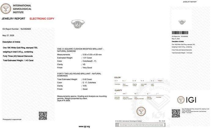 1.43 Carats IGI Certified Natural Diamond 18K White Gold Halo Ring