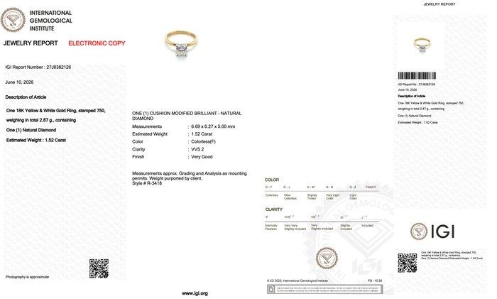 1.52 Carats IGI Certified Natural Diamond 18K Yellow And White Gold Solitaire Ring