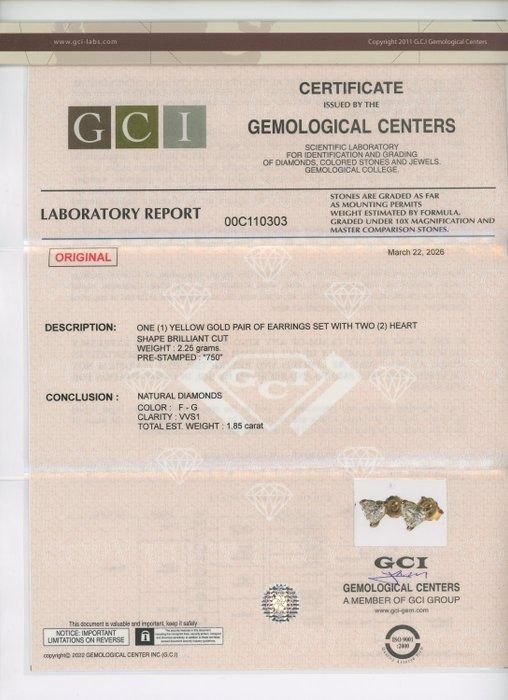 1,85 Karat GCI-zertifizierte Naturdiamant-Ohrstecker aus 18k Gelbgold