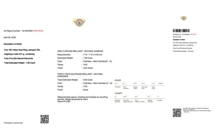 1,89 Karat IGI zertifizierter Naturdiamant 18K Gelbgold Halo Ring