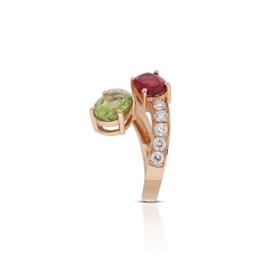 Gorgeous 2 carat and 38 points Peridot Tourmaline & Natural Diamond Open Ring in 18k Rose Gold
