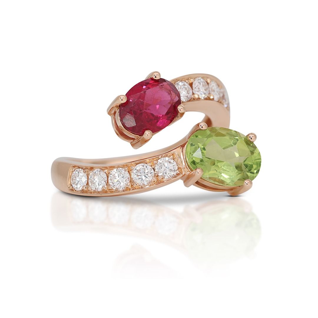 Gorgeous 2 carat and 38 points Peridot Tourmaline & Natural Diamond Open Ring in 18k Rose Gold