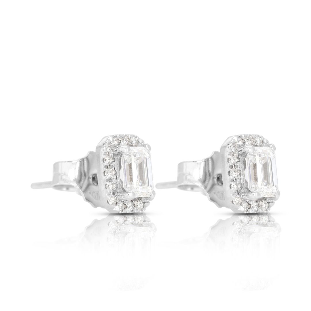 18K White Gold Stud Earrings with 0.93ct Emerald Cut Diamonds - GIA Certificate