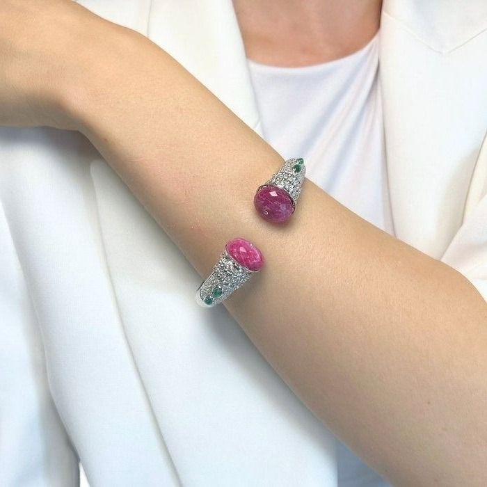 Gorgeous 16.80ct Emeralds, Rubies, and Diamonds Bangle in 14k White Gold