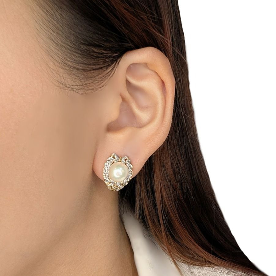 Elegant Akoya Pearl & Natural Diamond 18K Yellow Gold Latch Back Earrings