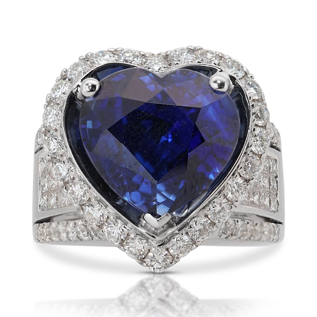 Fabulous 18.14ct Heart Shape Dome Sapphire Ring with Side Diamonds - GRS & IGI Certified