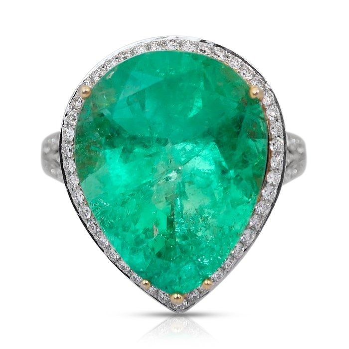 Glamorous 28.26ct Emerald and Diamonds Cluster Ring in 18k White Gold - GRS & IGI Certified