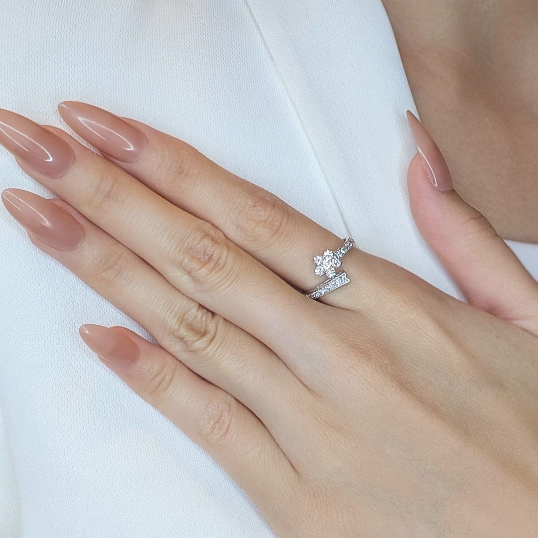 Charming 0.34ct Floral Natural Diamond Ring with Unique Band in 18K White Gold