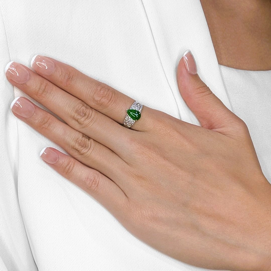 Refined 0.60ct Pear-Shape Jade and Natural Diamond Ring in 14K White Gold