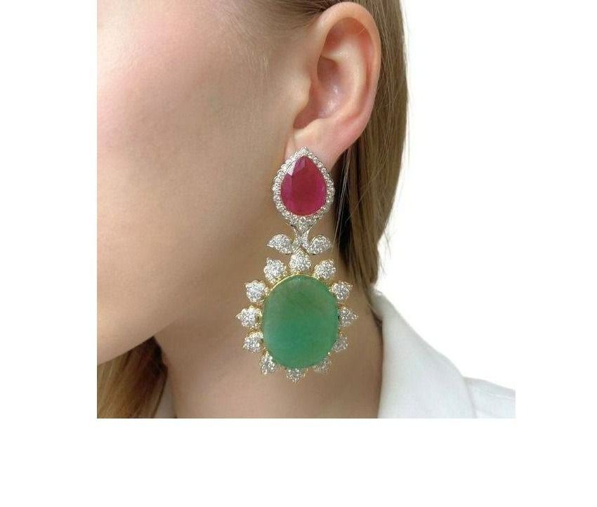 Beautiful 72.60ct Diamonds, Emeralds, and Rubies Drop Earrings in 18k Yellow Gold
