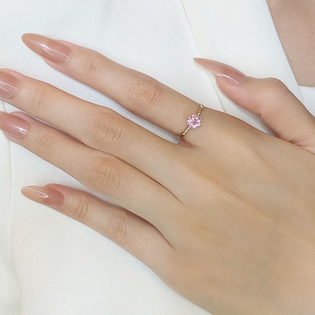 Delicate 0.74ct Pink Tourmaline and Natural Diamonds Pave Ring in 18K Yellow Gold