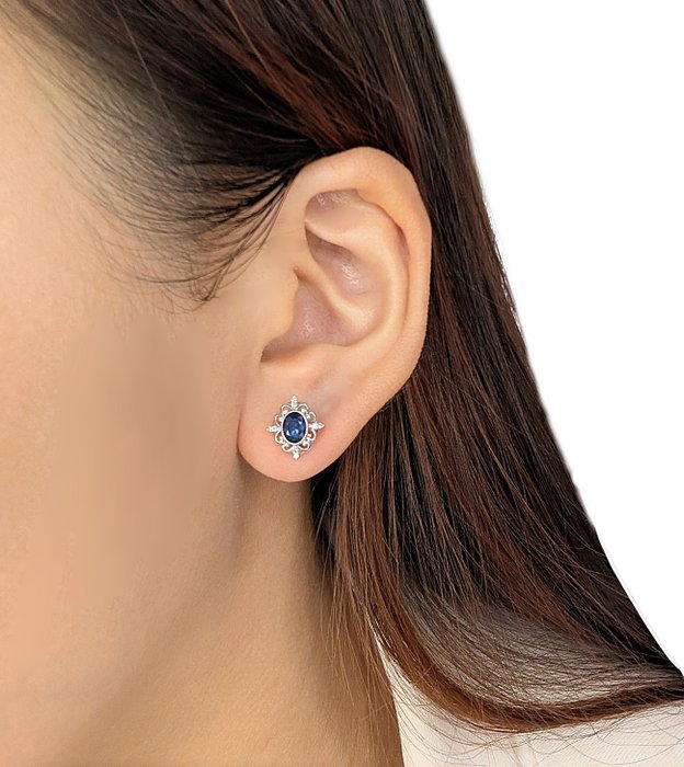 Complex 0.41ct Sapphire & Natural Diamond 18K White Gold Earrings