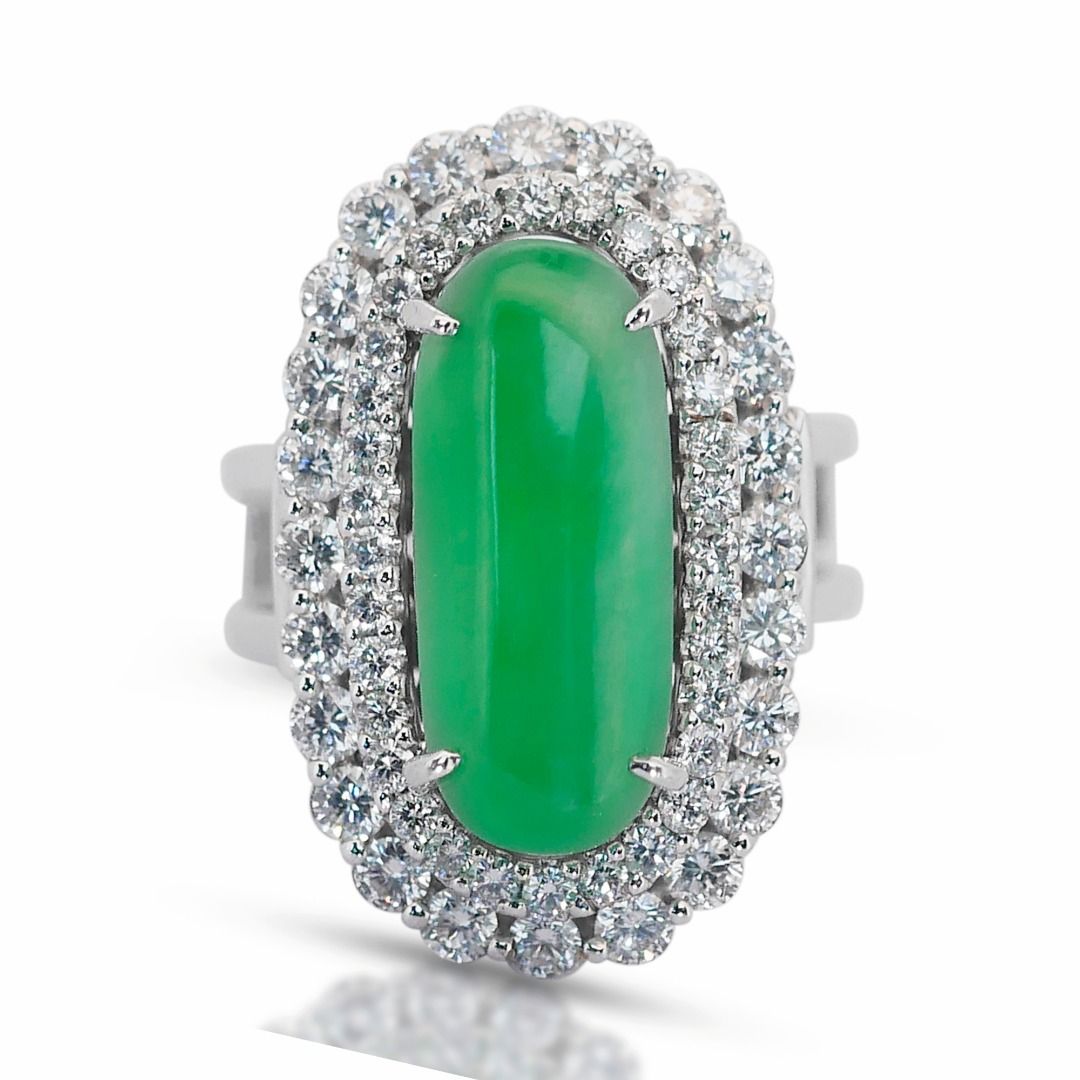 Elegant 3 carats and 25 points Jade with Natural Diamond Double Halo Ring in 18K White Gold with IGI