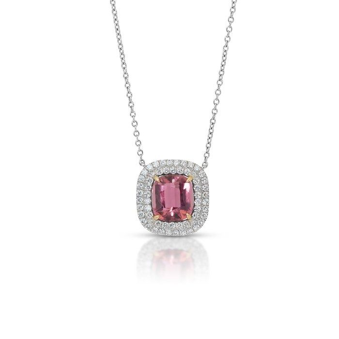 Alluring 2 carats Tourmaline and Natural Diamond Halo Necklace in 18k Two-Toned Gold with IGI