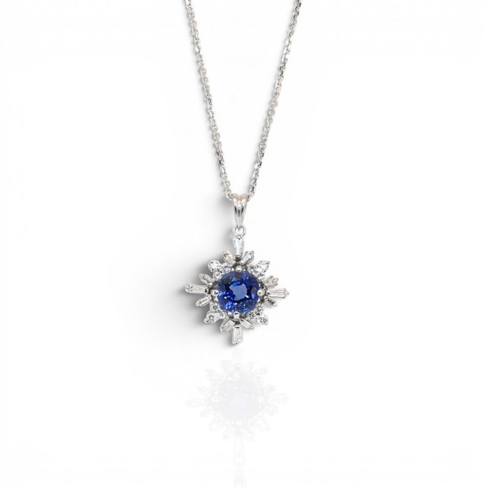 1.50 Carat IGI Certified Sapphire and Diamonds 14K White Gold Necklace