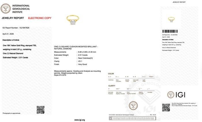 2,01 Karat IGI-zertifizierter natürlicher Diamant Solitärring aus 18K Gelbgold