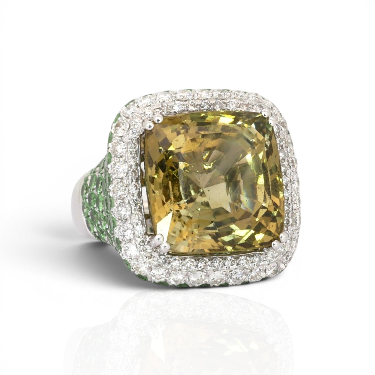 27.98 Carats IGI Certified Chrysoberyl, Tsavorites, and Diamonds 18k White Gold Cocktail Ring