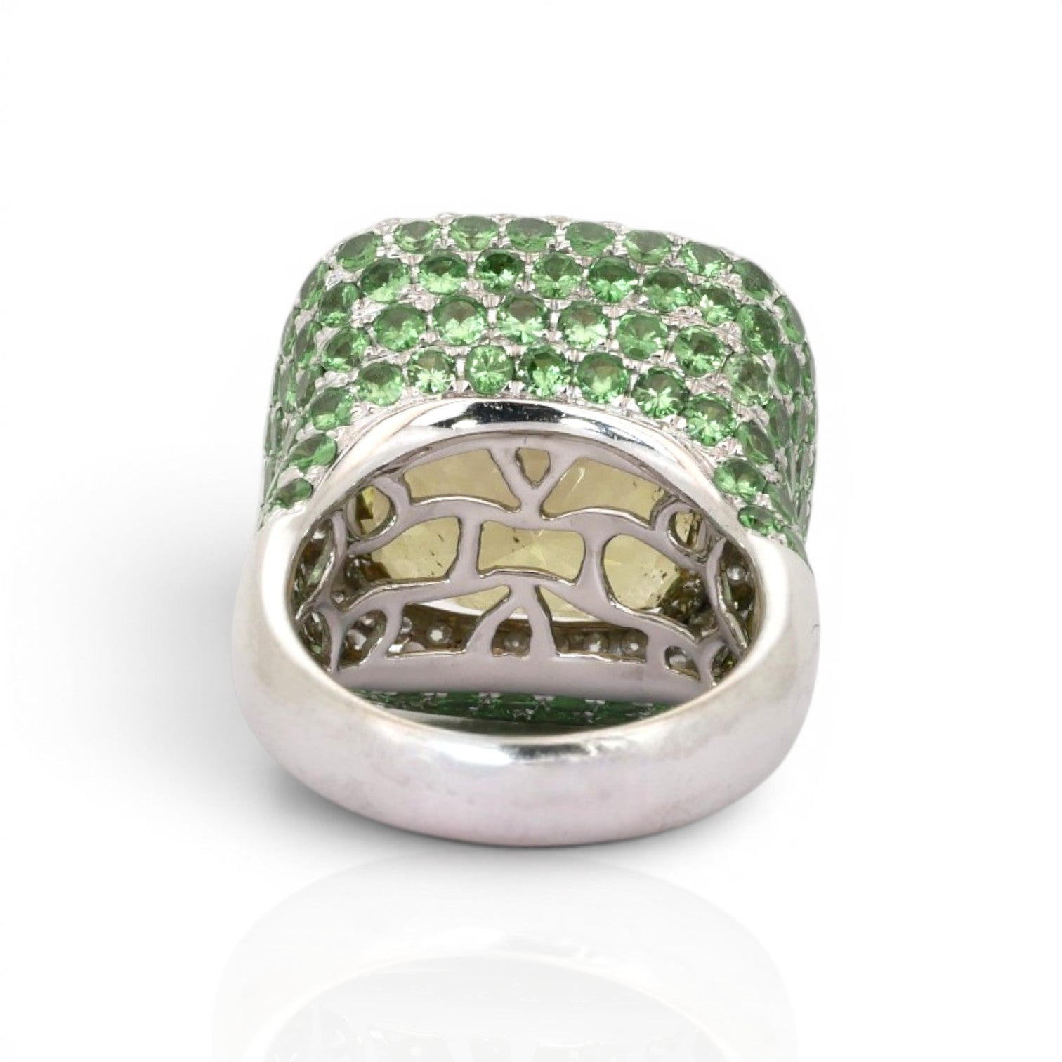 27.98 Carats IGI Certified Chrysoberyl, Tsavorites, and Diamonds 18k White Gold Cocktail Ring