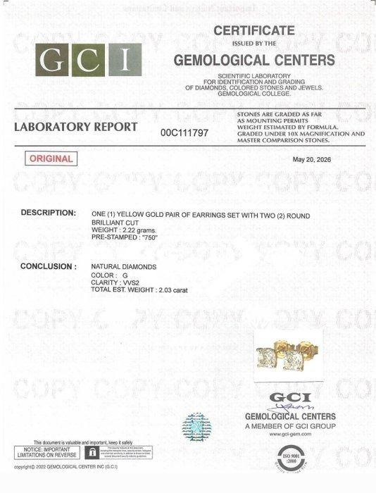 2.03 Carats GCI Certified Natural Diamond 18K Yellow Gold Stud Earrings