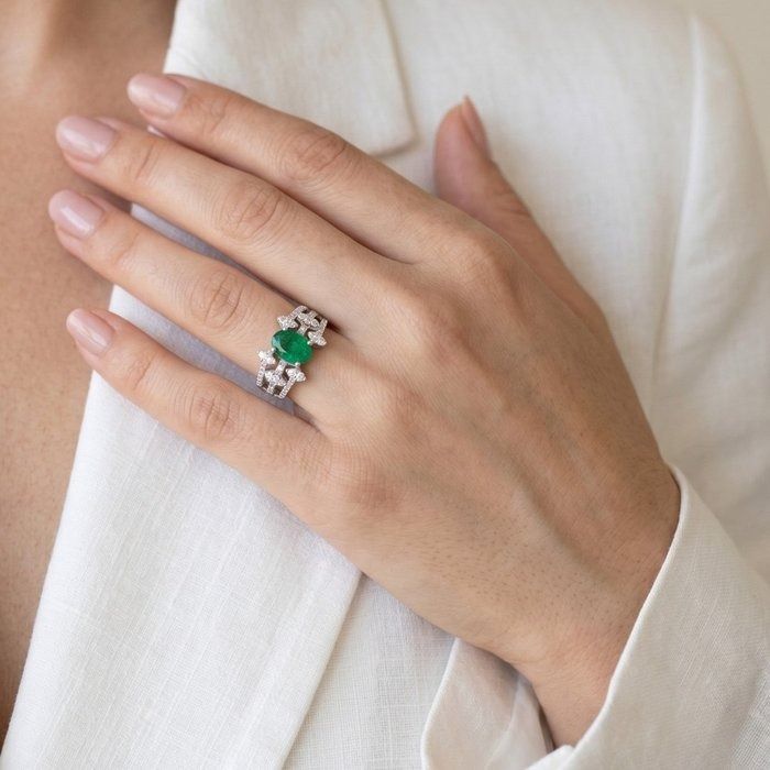 2.05 Carat IGI Certified Emerald And Natural Diamond 18K White Gold Cluster Ring