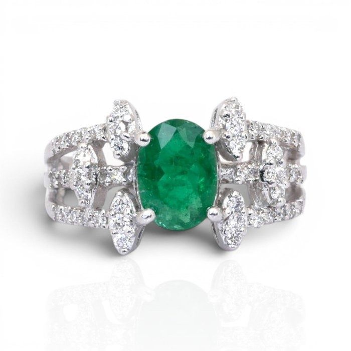 2.05 Carat IGI Certified Emerald And Natural Diamond 18K White Gold Cluster Ring