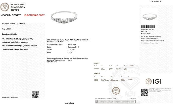 2,06 Karat IGI-zertifizierter natürlicher Diamant Armreif aus 18K Weißgold