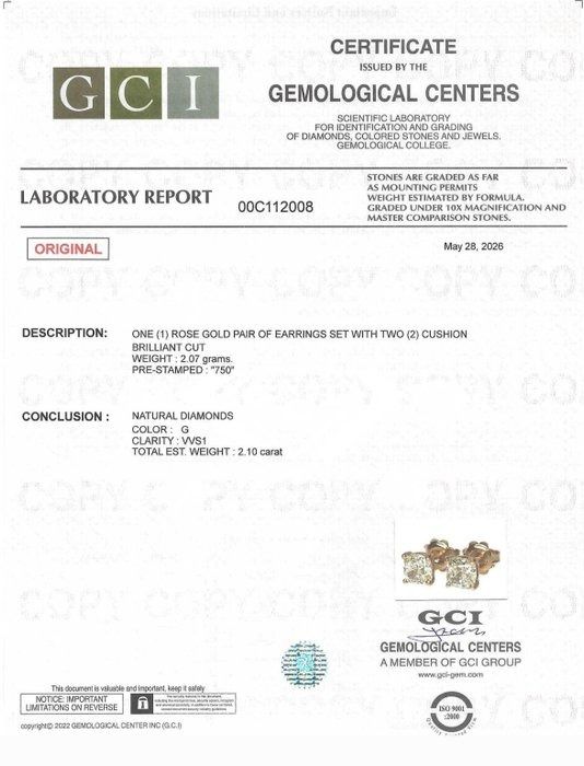 2.10 Carats GCI Certified Natural Diamond 18k Rose Gold Stud Earrings