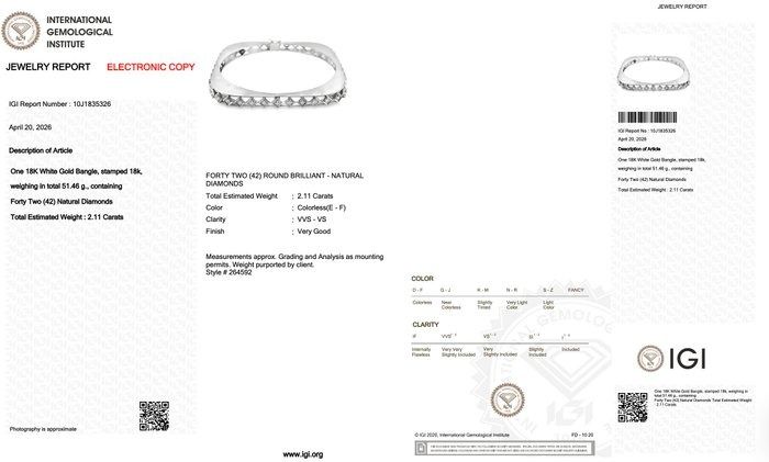 2,11 Karat IGI zertifizierter Naturdiamant 18K Weißgold Armreif