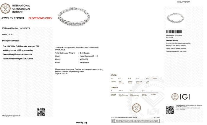 2,40 Karat IGI-zertifiziertes Naturdiamant-Armband aus 18K Weißgold