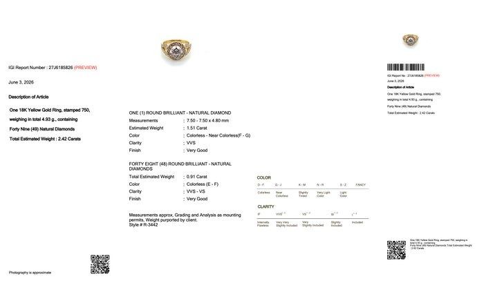 2.42 Carats IGI Certified Natural Diamond 18K Yellow Gold Halo Ring