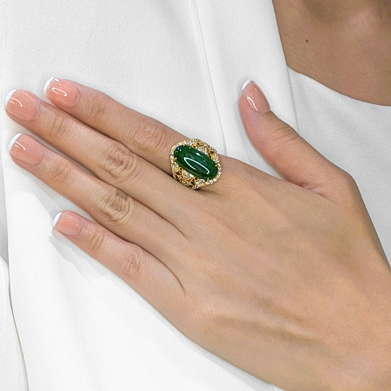 Exquisite 0.72ct Natural Diamond & Jadeite Cocktail Ring in 20K Yellow Gold - NGI Certified