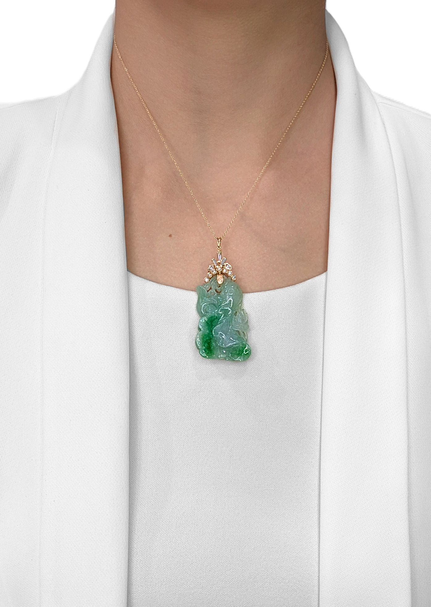 Striking 0.21ct Natural Diamond & Carved Jade Pendant in 20K Yellow Gold