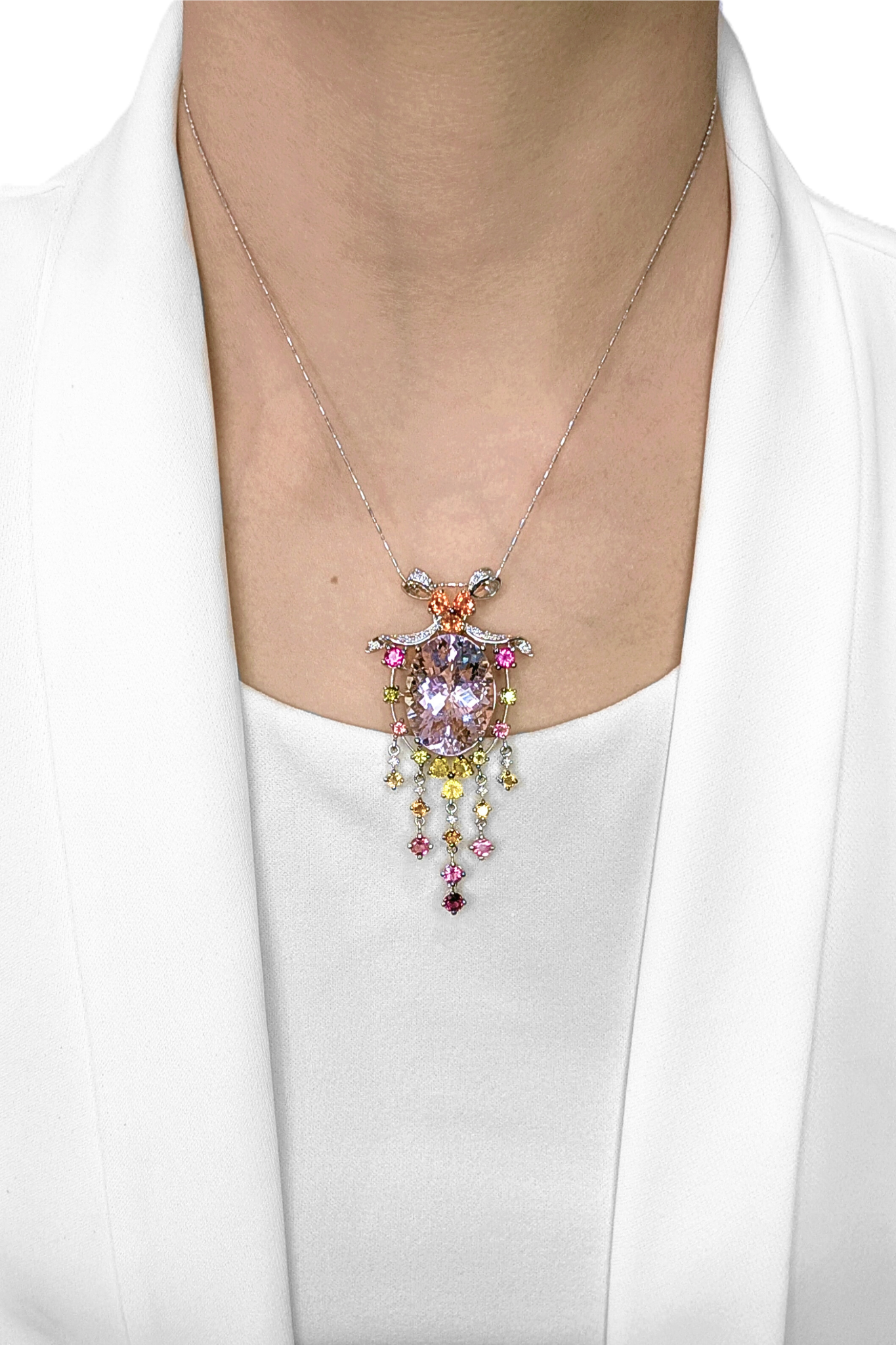 Exquisite 44.65ct Kunzite & Multi-Gemstone Pendant in 18K White Gold