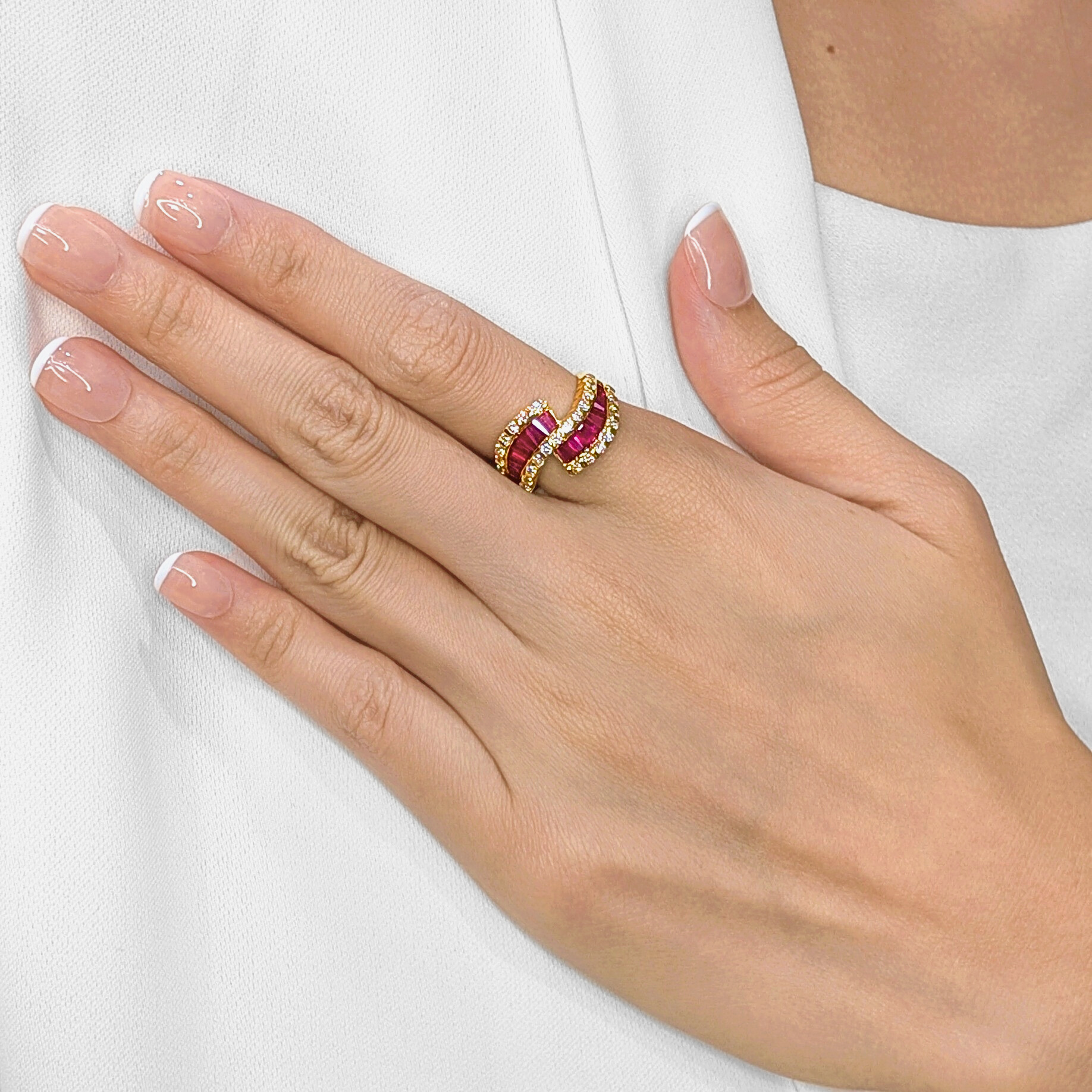 Striking 2.36ct Ruby & Natural Diamond Wave Ring in 18K Yellow Gold