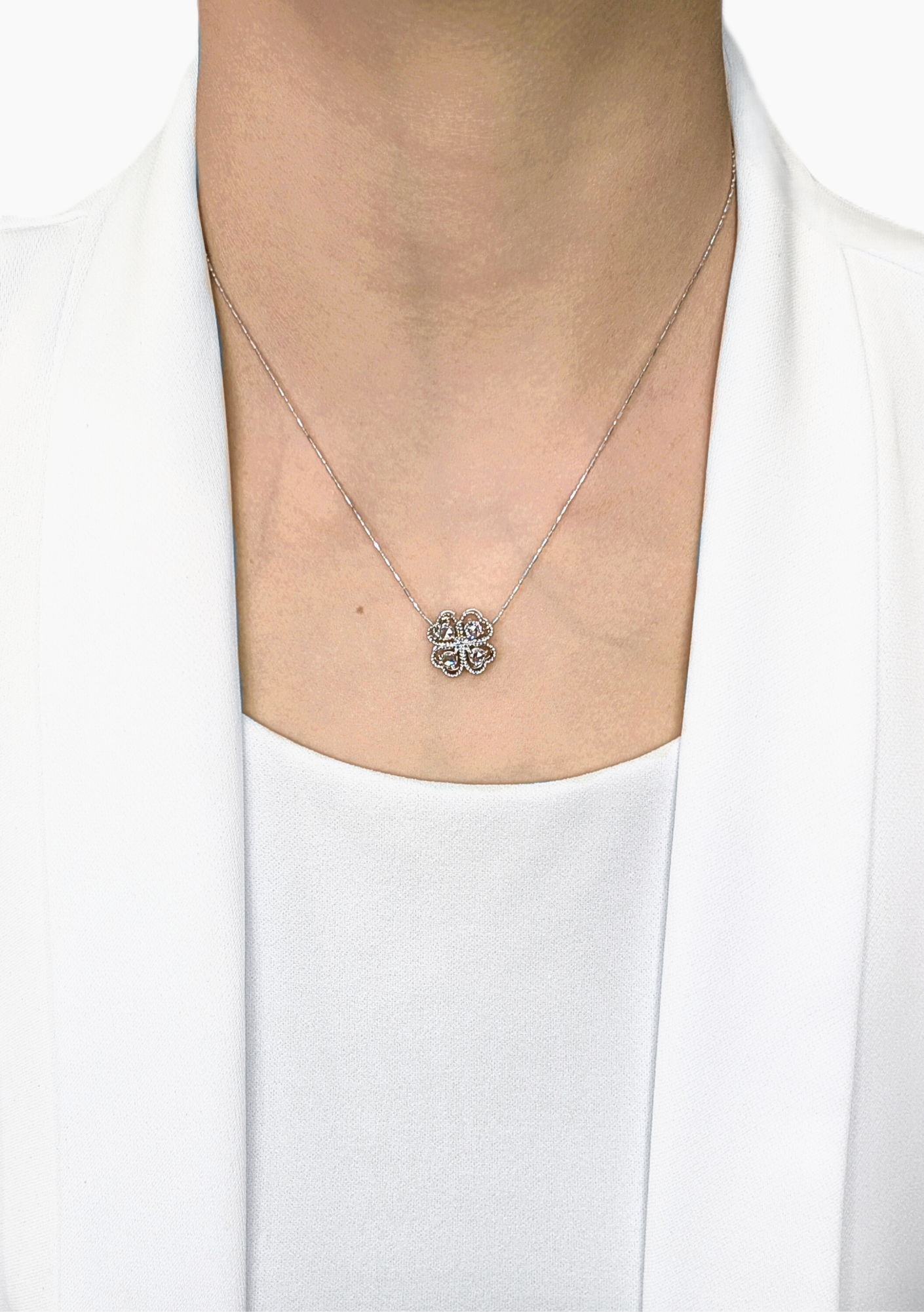Charming 0.44ct Rose-Cut Natural Diamond Four-Leaf Clover Pendant in 18K White Gold (Unworn)