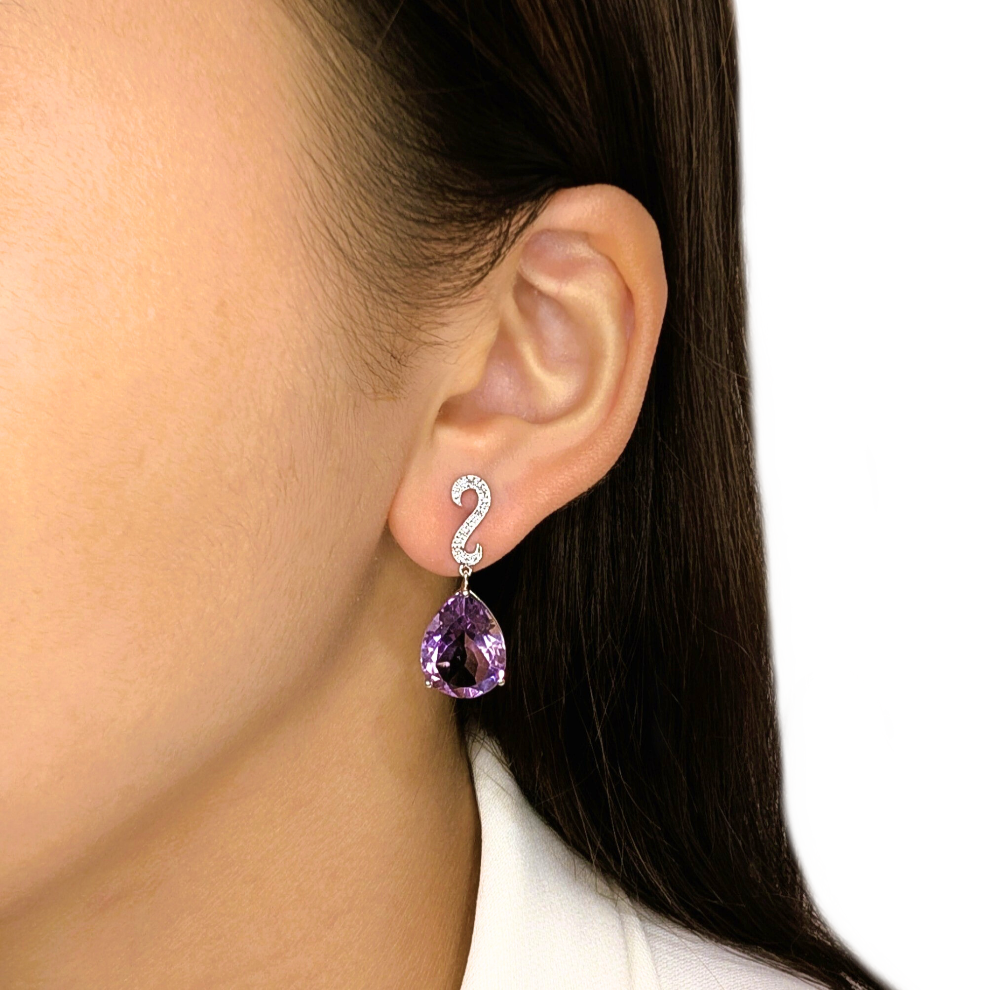 Opulent 14.36ct Amethyst & Natural Diamond Drop Earrings in 14K White Gold