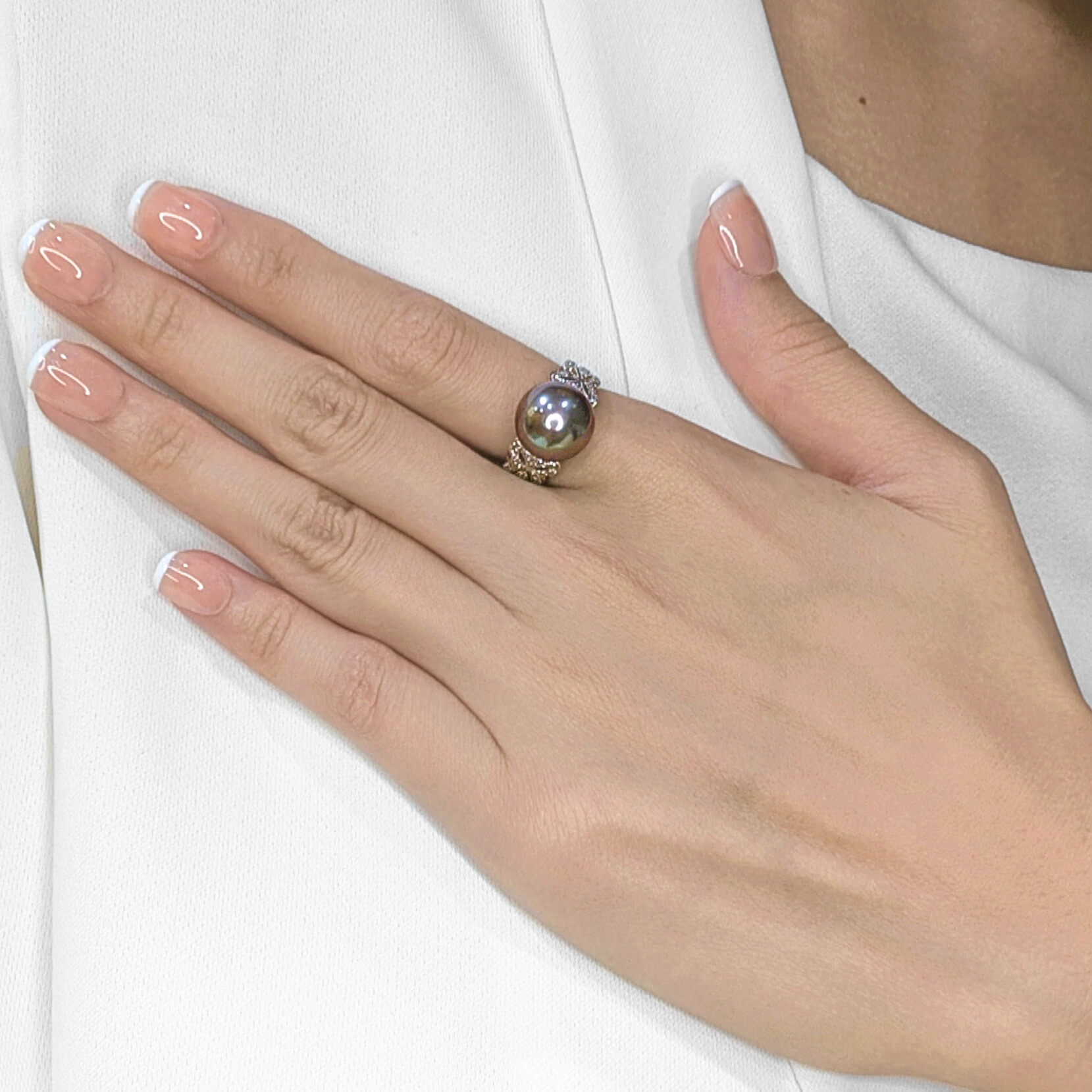 Elegant 0.21ct Natural Diamond & Greyish Black Pearl in 18K White Gold Ring