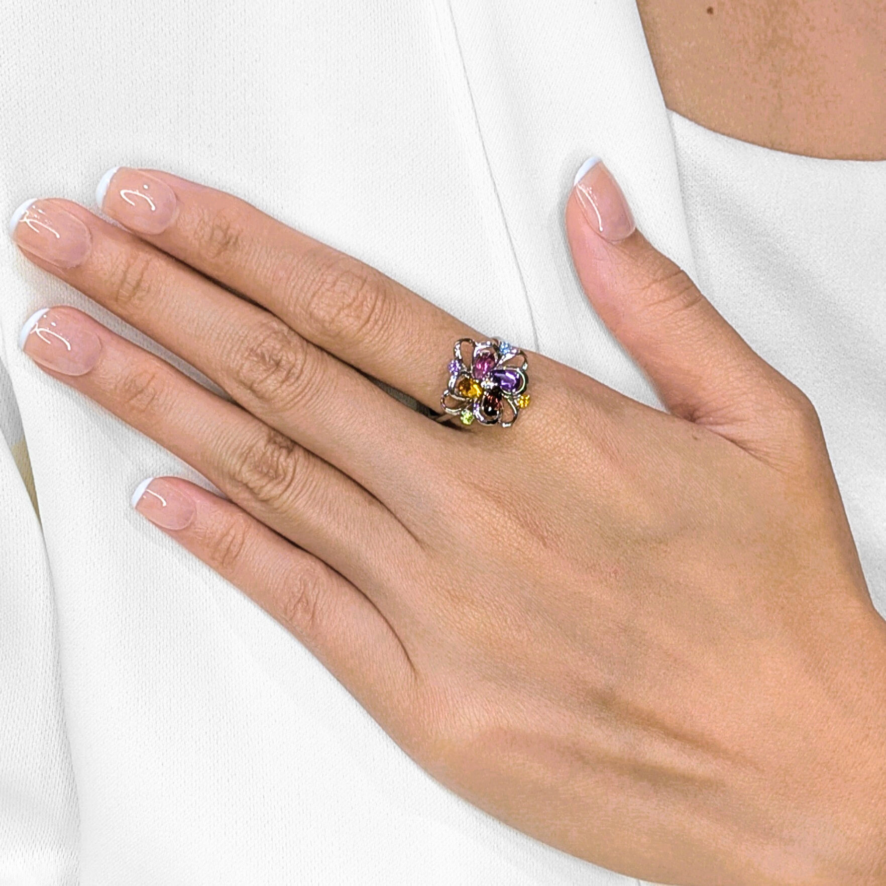 Playful 0.46ct Destinée by Lee Hwa Multi-Gemstone Floral Ring with Diamond Accent in 18K White Gold