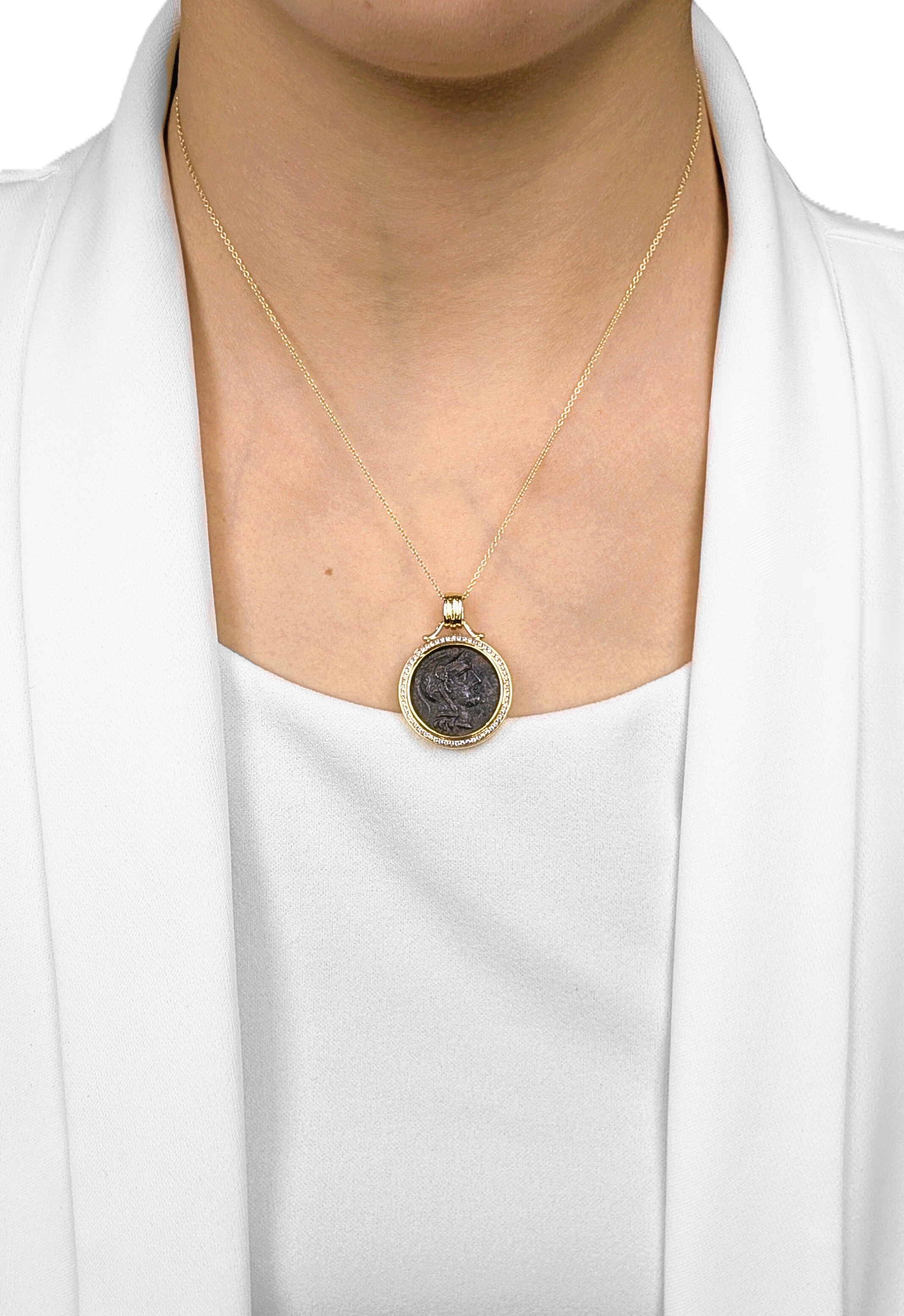 Athena Ancient Greek Coin Pendant in 18K Yellow Gold with 0.44ct Natural Diamond Halo