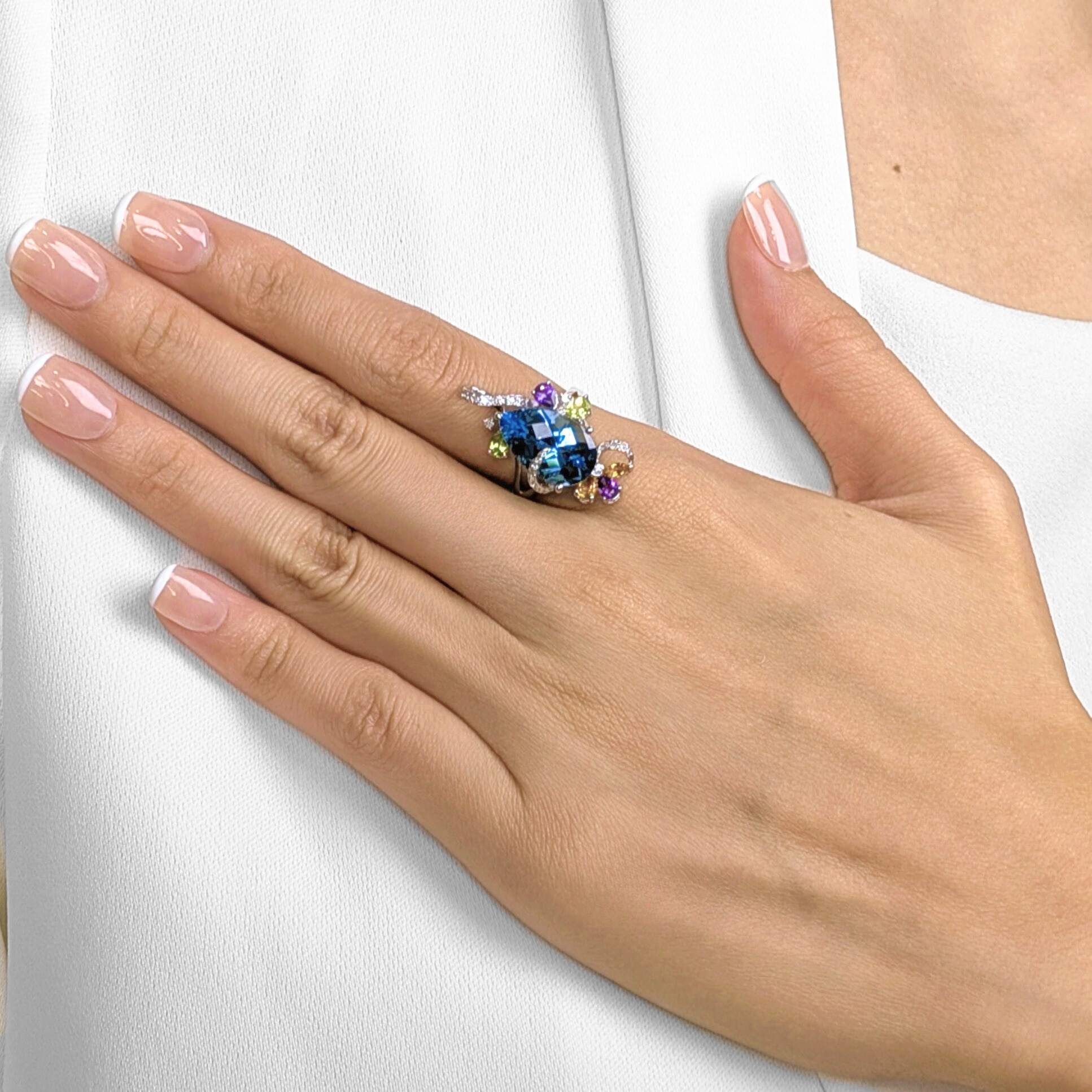 Majestic 8.72ct Blue Topaz & Multi-Gem with Natural Diamond Cocktail Ring in 18K White Gold